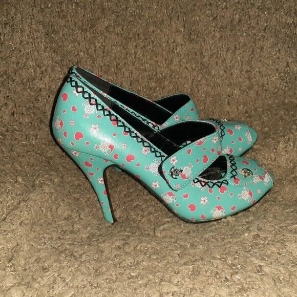 T.U.K. TUK-Rockabilly-Retro-Turquoise Mary Janes-Peep-Toe-Hearts/Anchors-Sz 7-EX - Picture 4 of 7